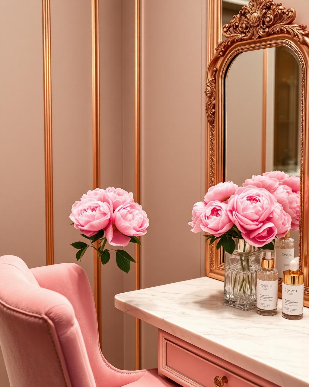Elegant salon vanity with peonies and rose gold mirror