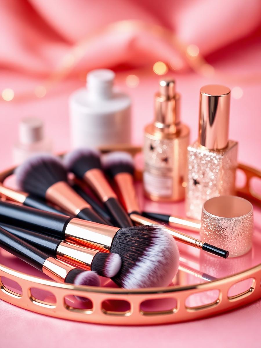 Luxury makeup brushes on rose gold tray