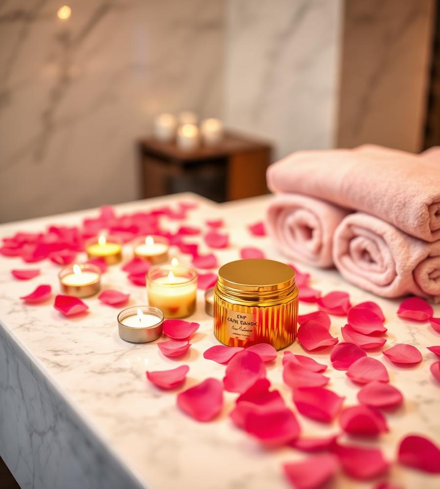 Spa setup with rose petals and candles