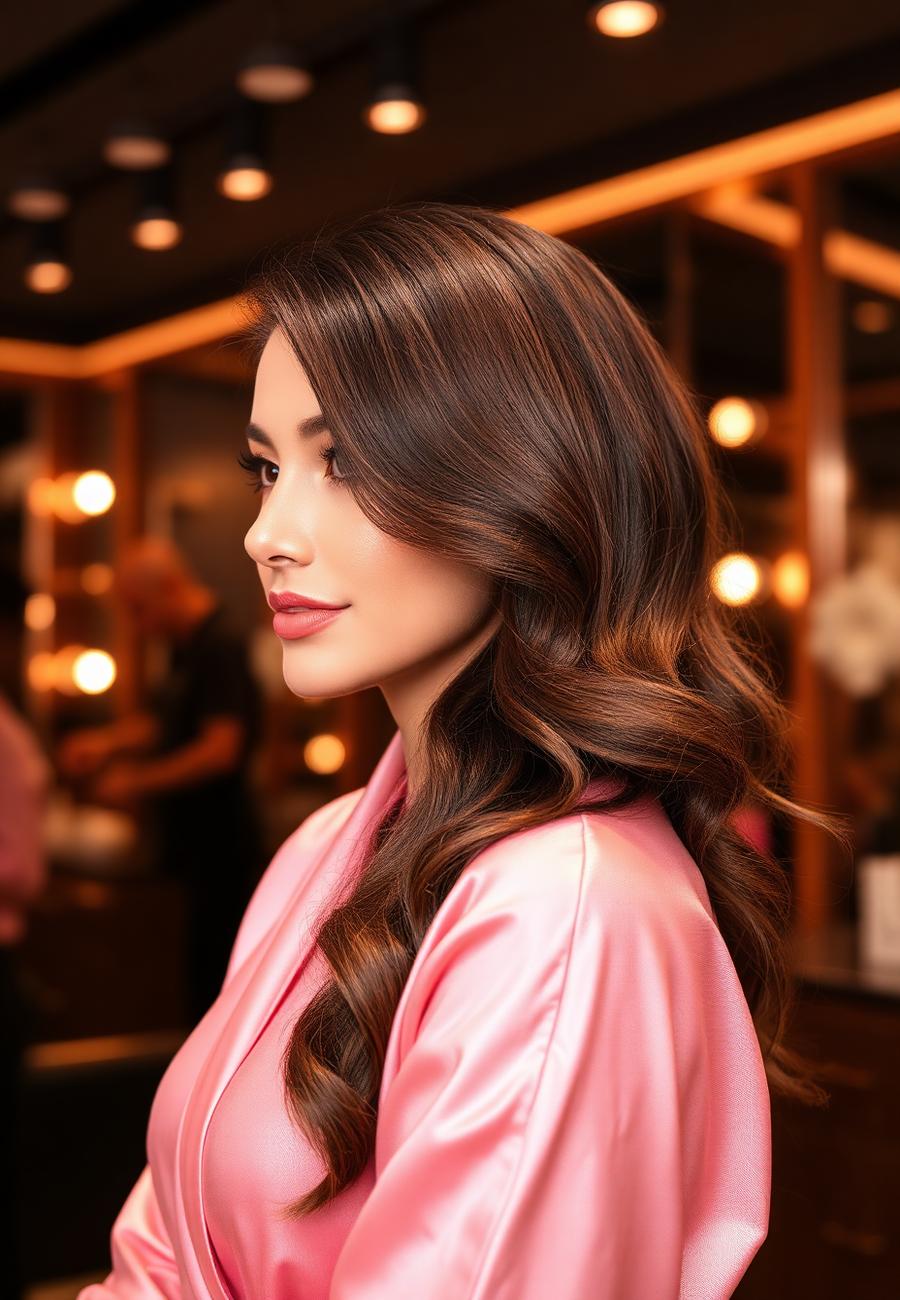 Glossy styled hair under warm lighting