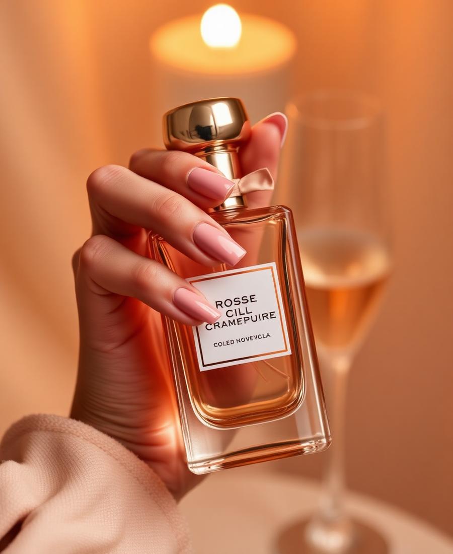 Manicured hand holding rose gold perfume